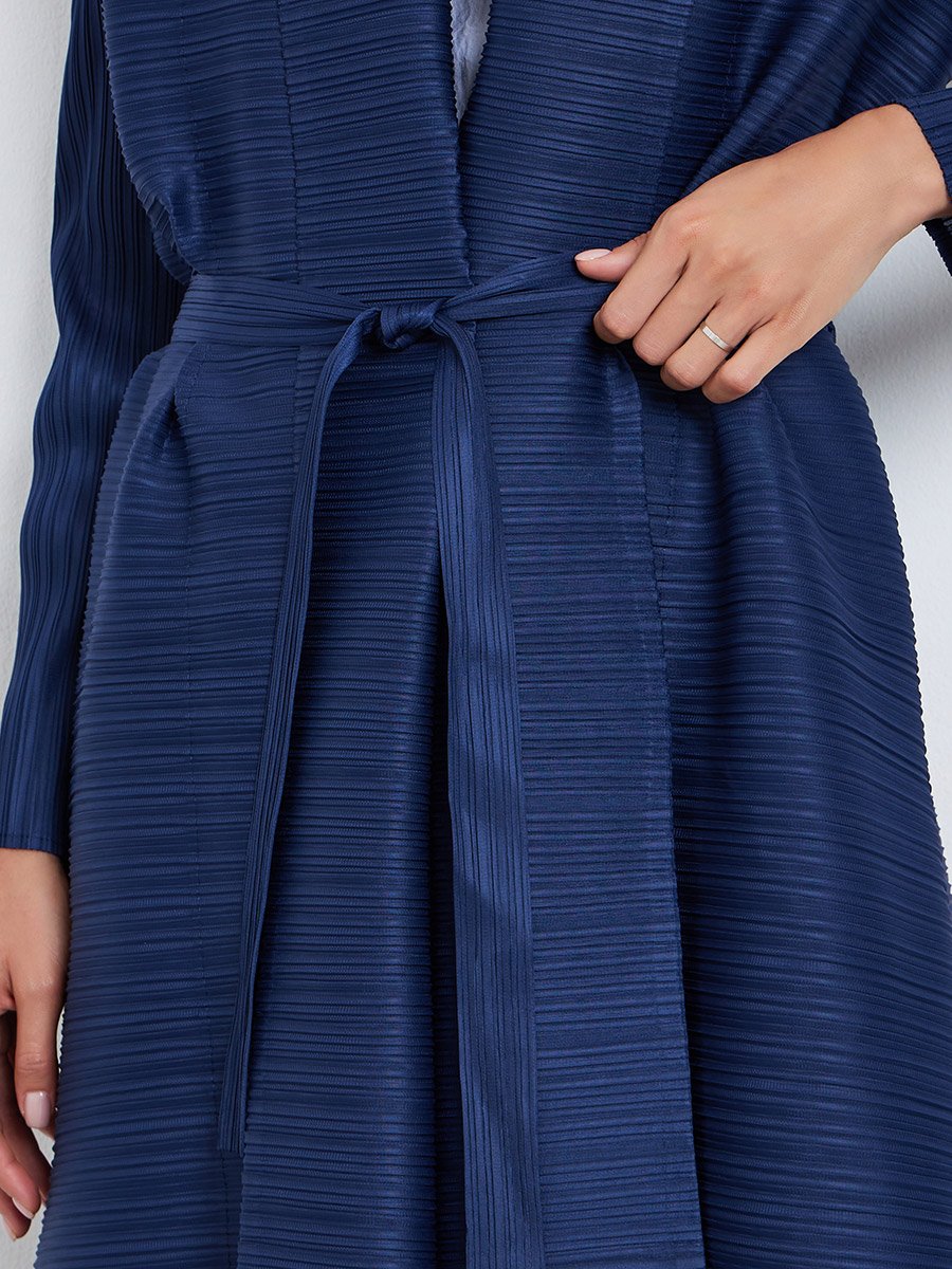 Solid Textured Pleated Belted Long Sleeve Abaya