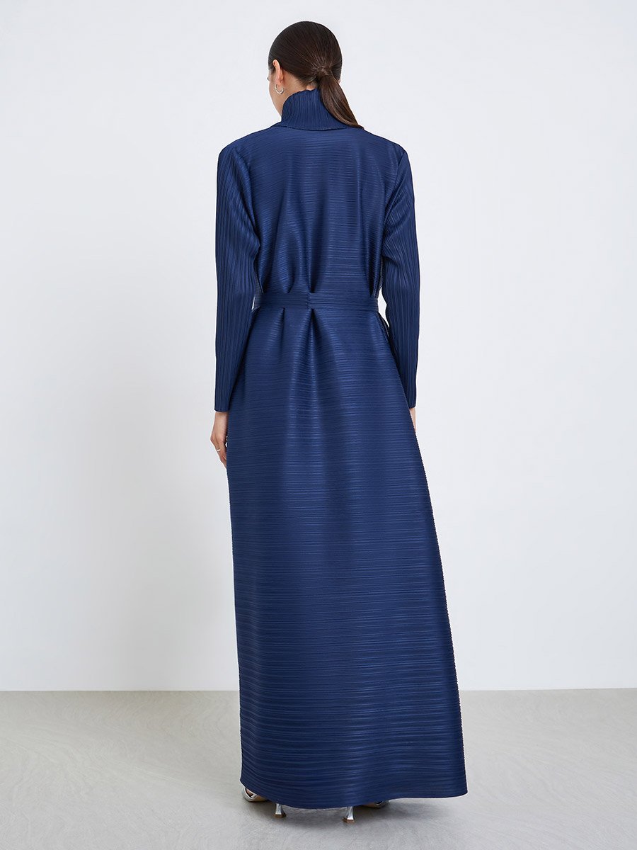Solid Textured Pleated Belted Long Sleeve Abaya