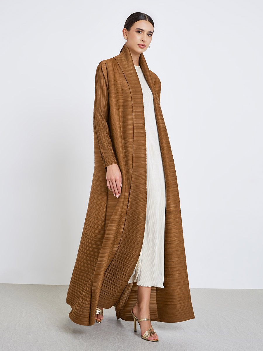 Solid Textured Pleated Belted Long Sleeve Abaya