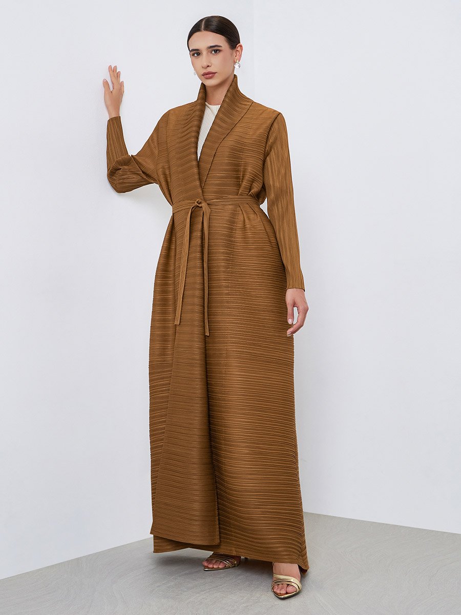 Solid Textured Pleated Belted Long Sleeve Abaya
