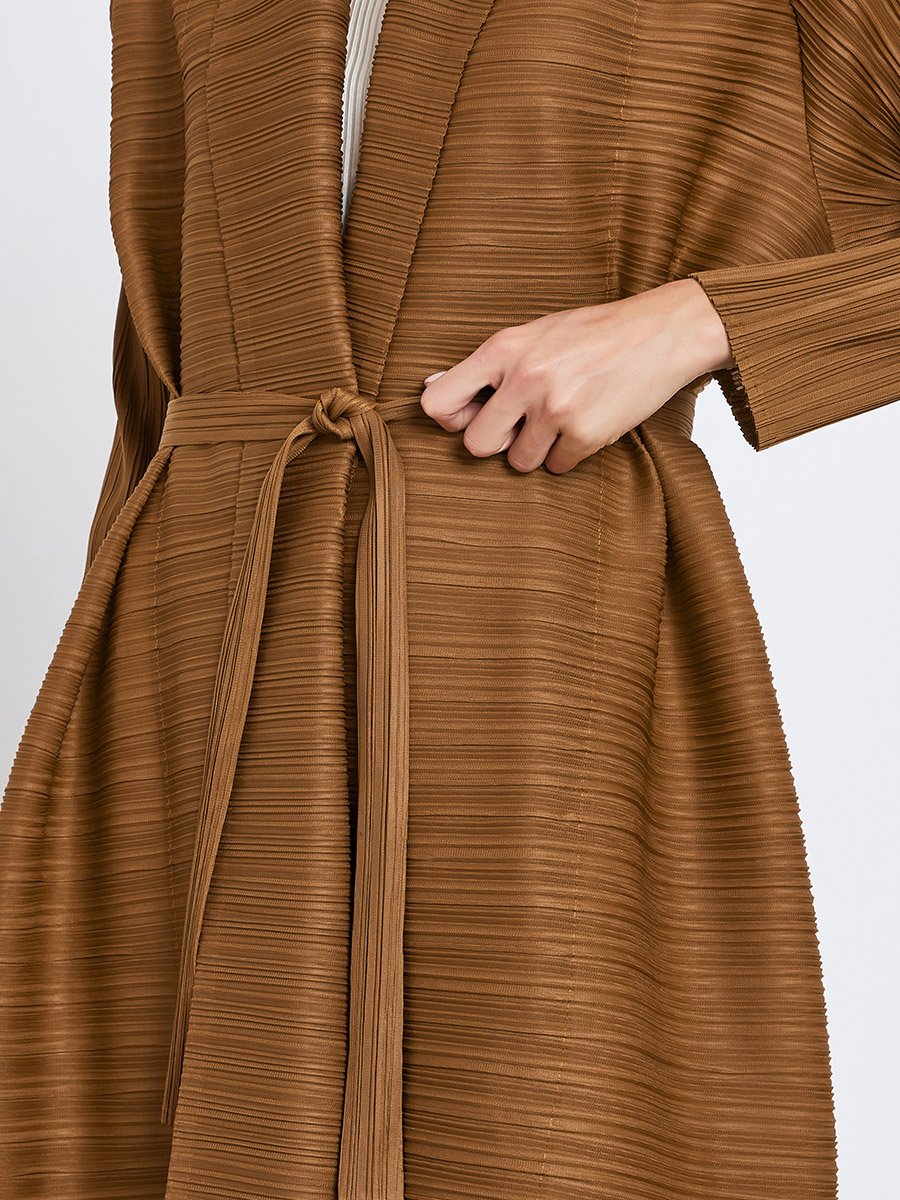 Solid Textured Pleated Belted Long Sleeve Abaya