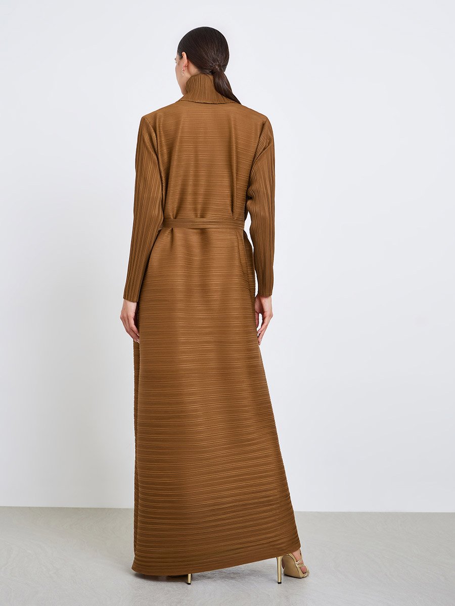 Solid Textured Pleated Belted Long Sleeve Abaya