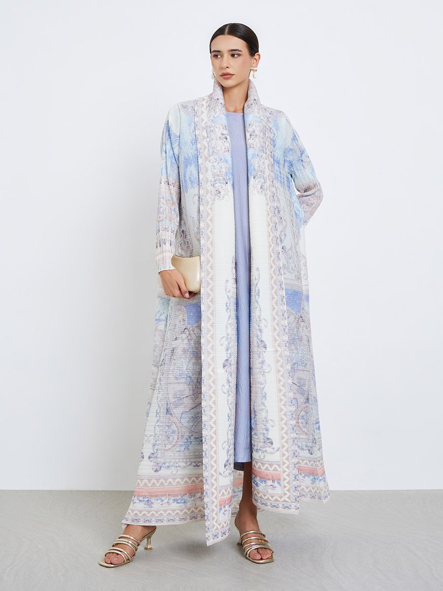All-Over Printed Textured Pleated Long Sleeve Abaya