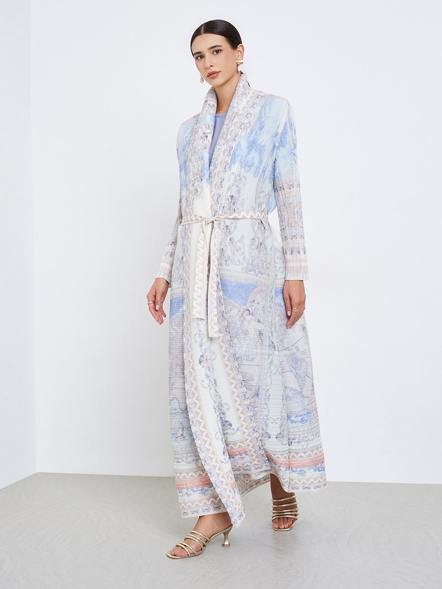 All-Over Printed Textured Pleated Long Sleeve Abaya
