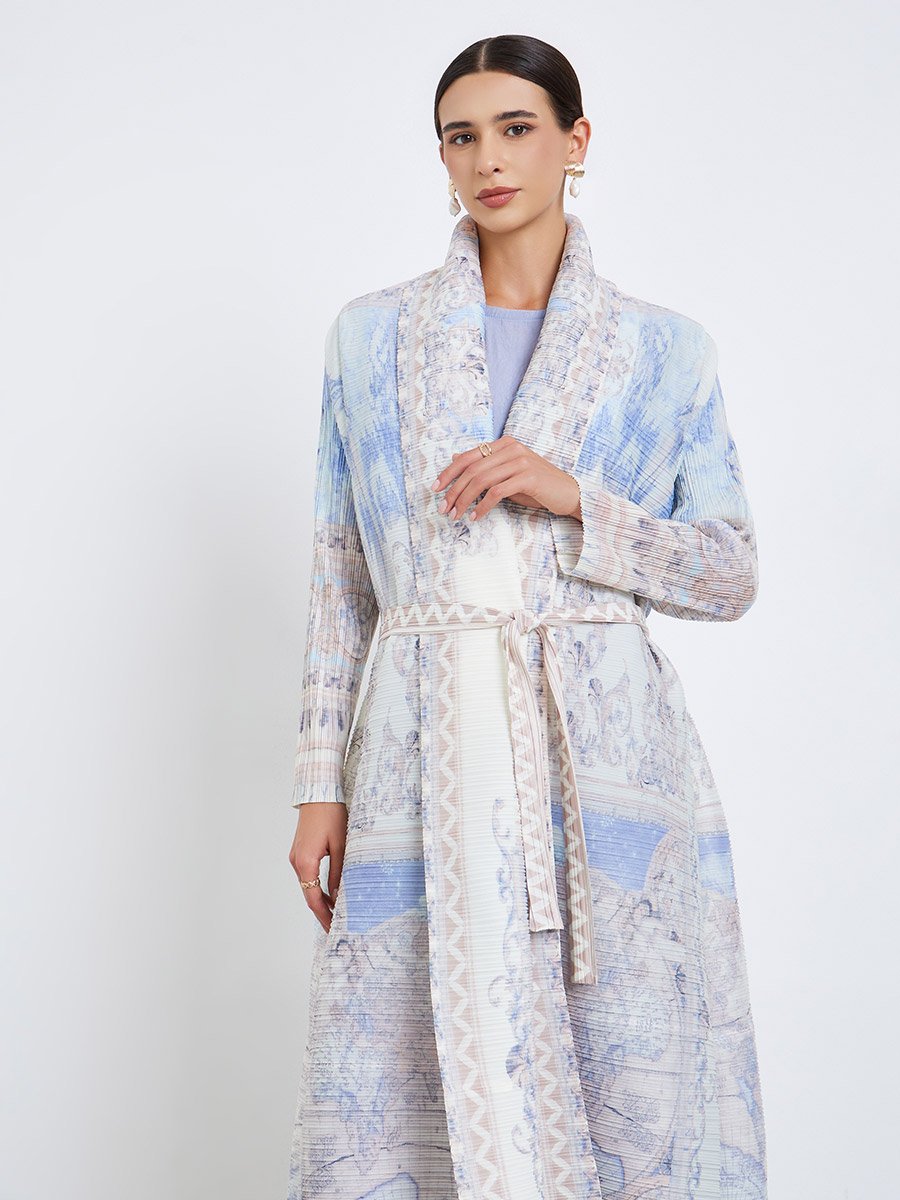All-Over Printed Textured Pleated Long Sleeve Abaya
