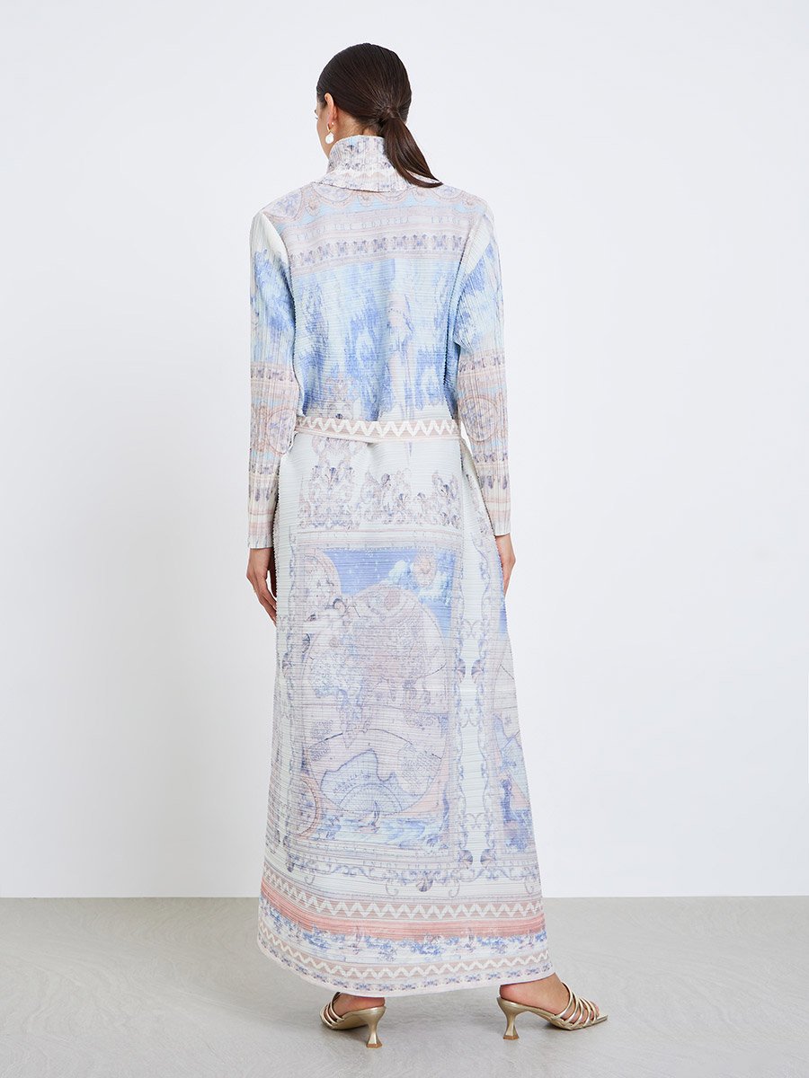 All-Over Printed Textured Pleated Long Sleeve Abaya