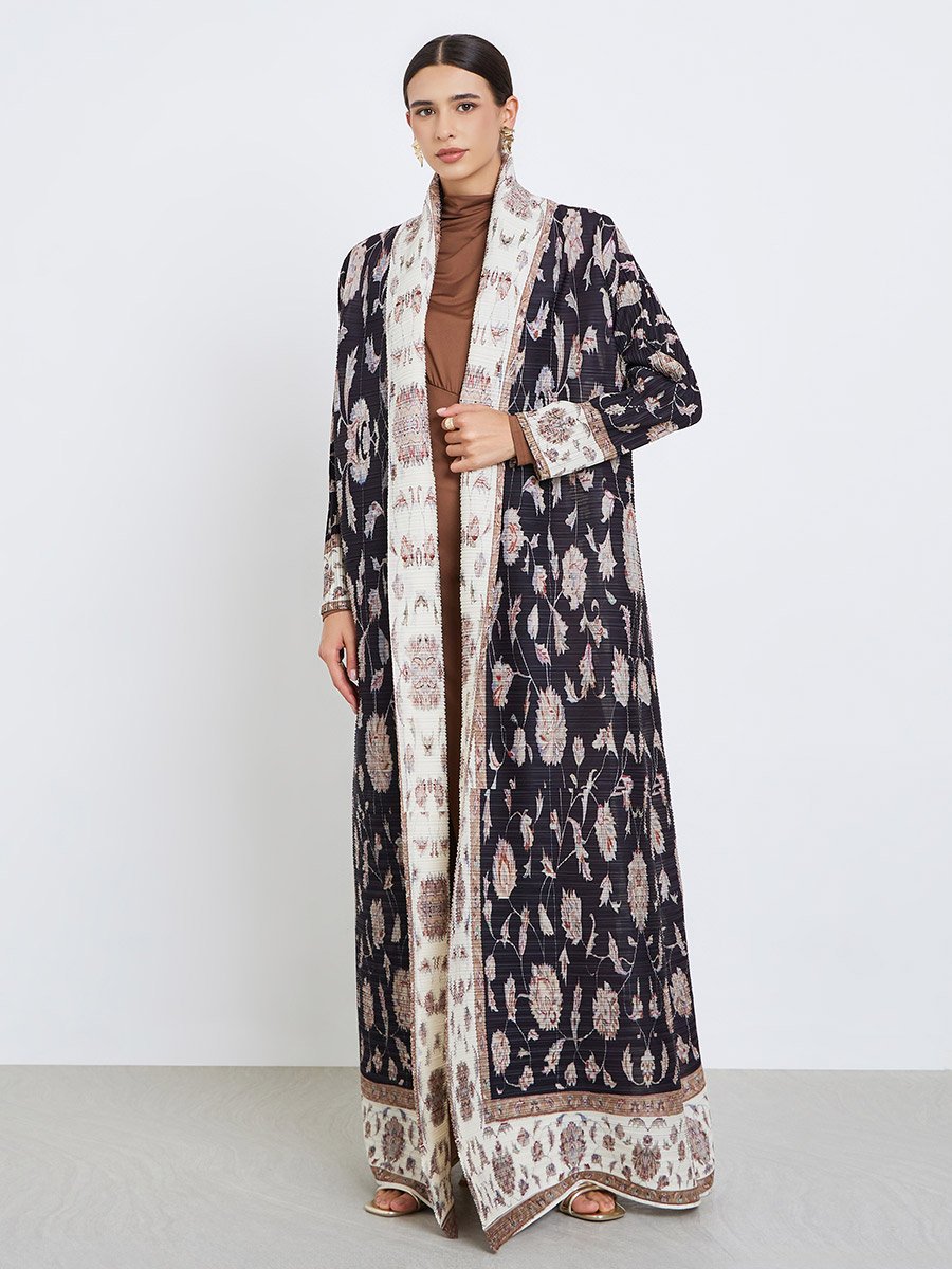 All-Over Printed Textured Pleated Long Sleeve Abaya