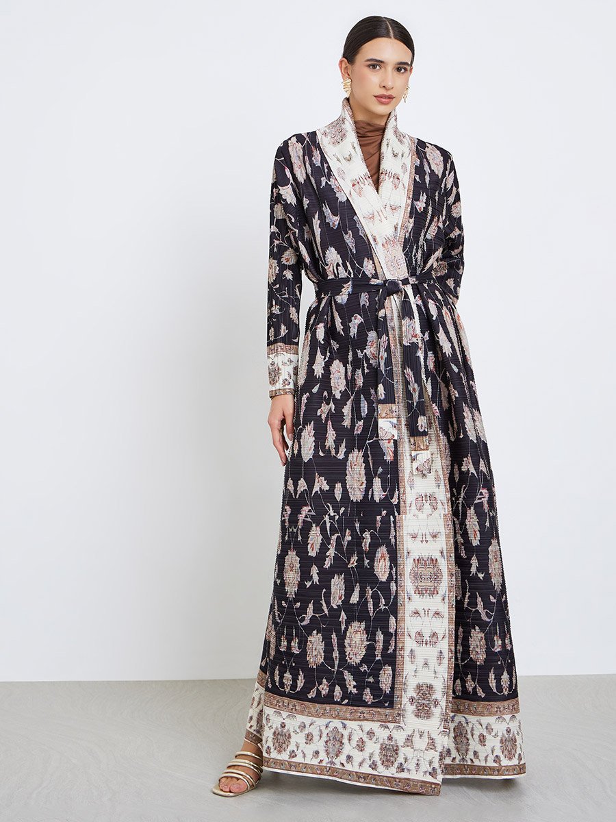 All-Over Printed Textured Pleated Long Sleeve Abaya