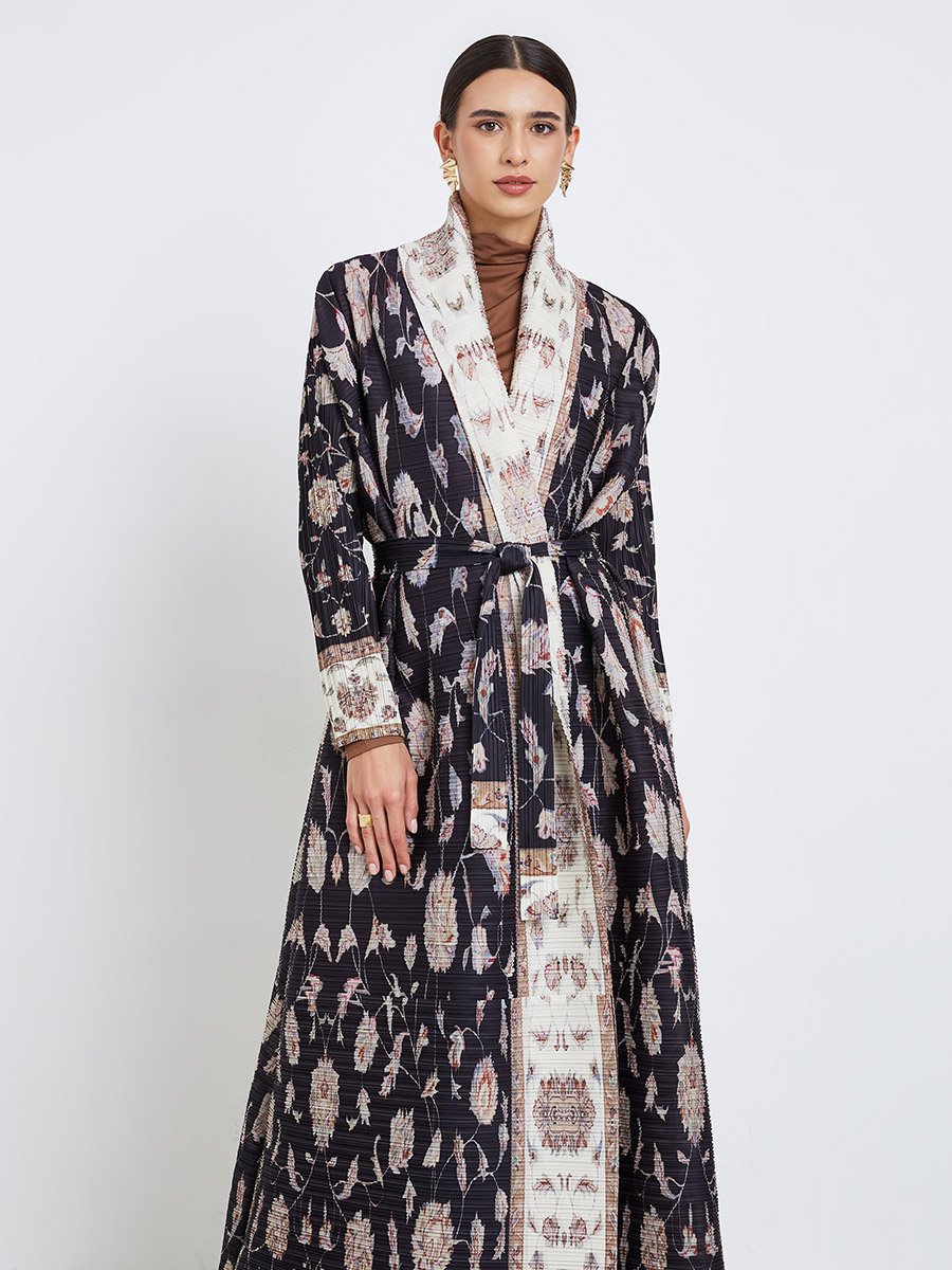 All-Over Printed Textured Pleated Long Sleeve Abaya