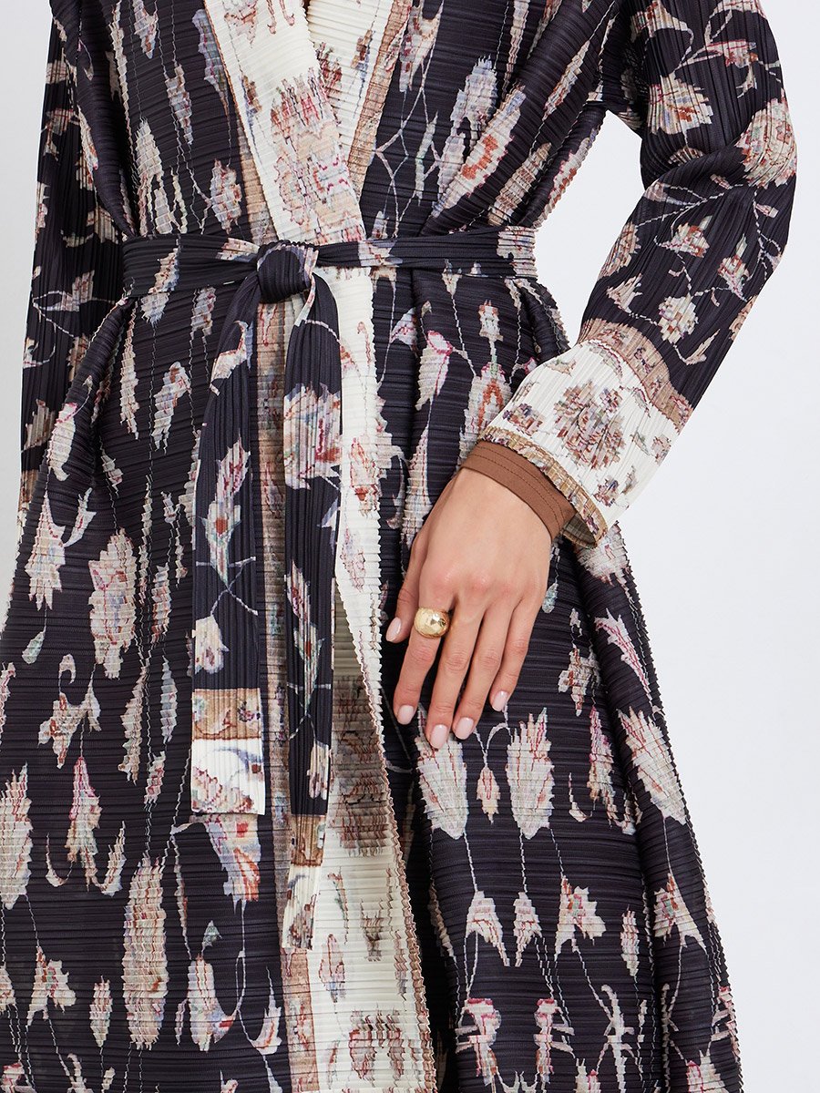 All-Over Printed Textured Pleated Long Sleeve Abaya