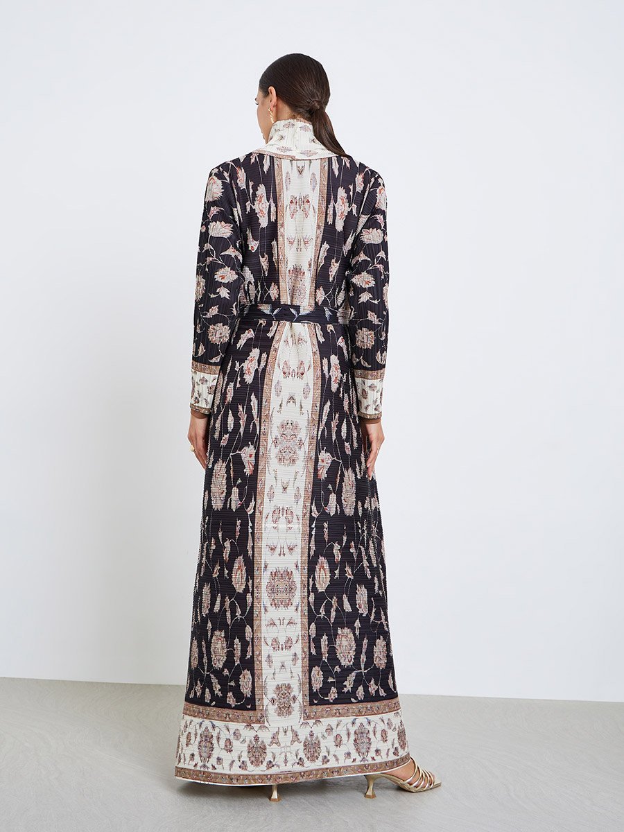 All-Over Printed Textured Pleated Long Sleeve Abaya