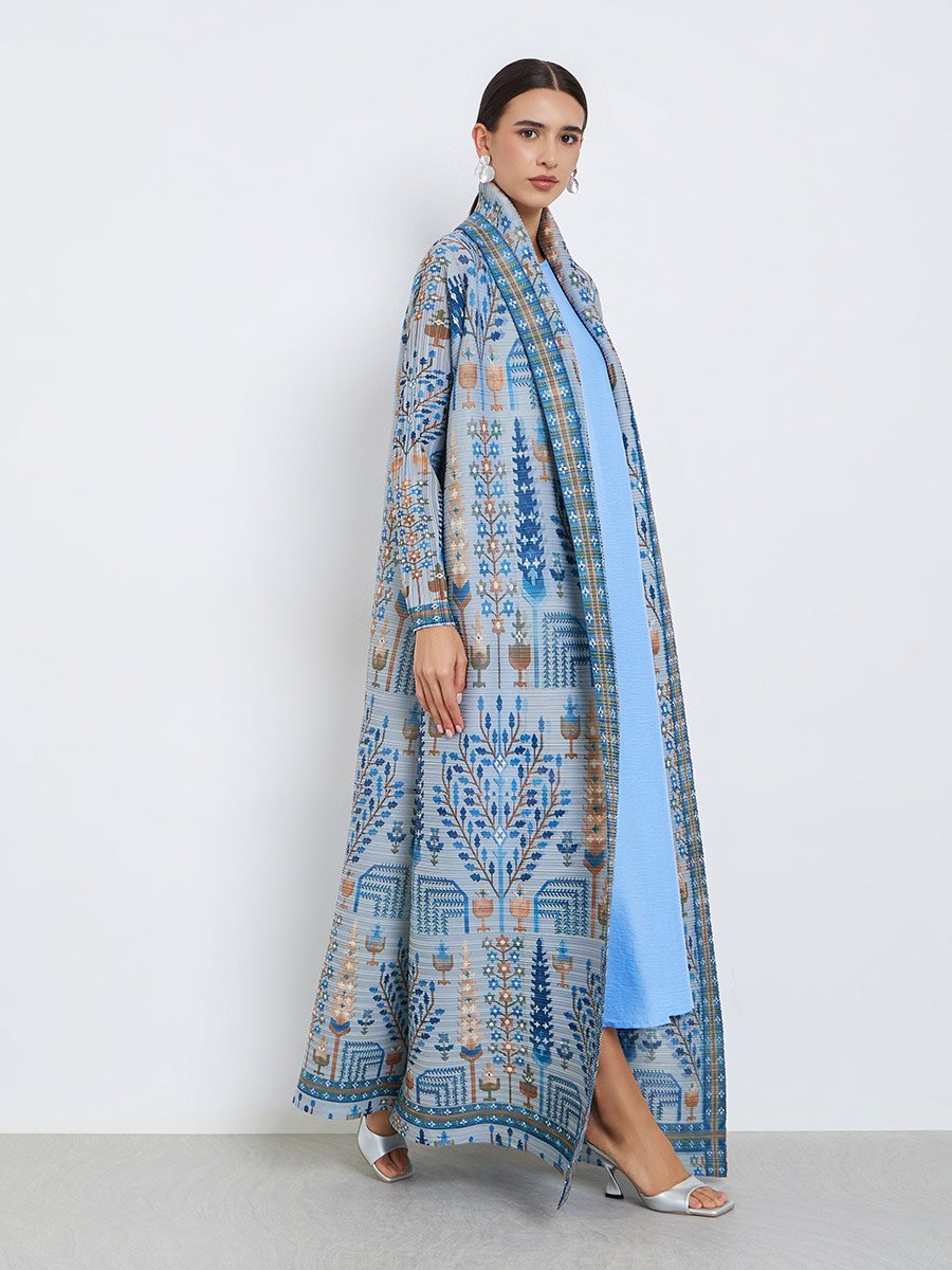 All-Over Printed Textured Pleated Long Sleeve Abaya
