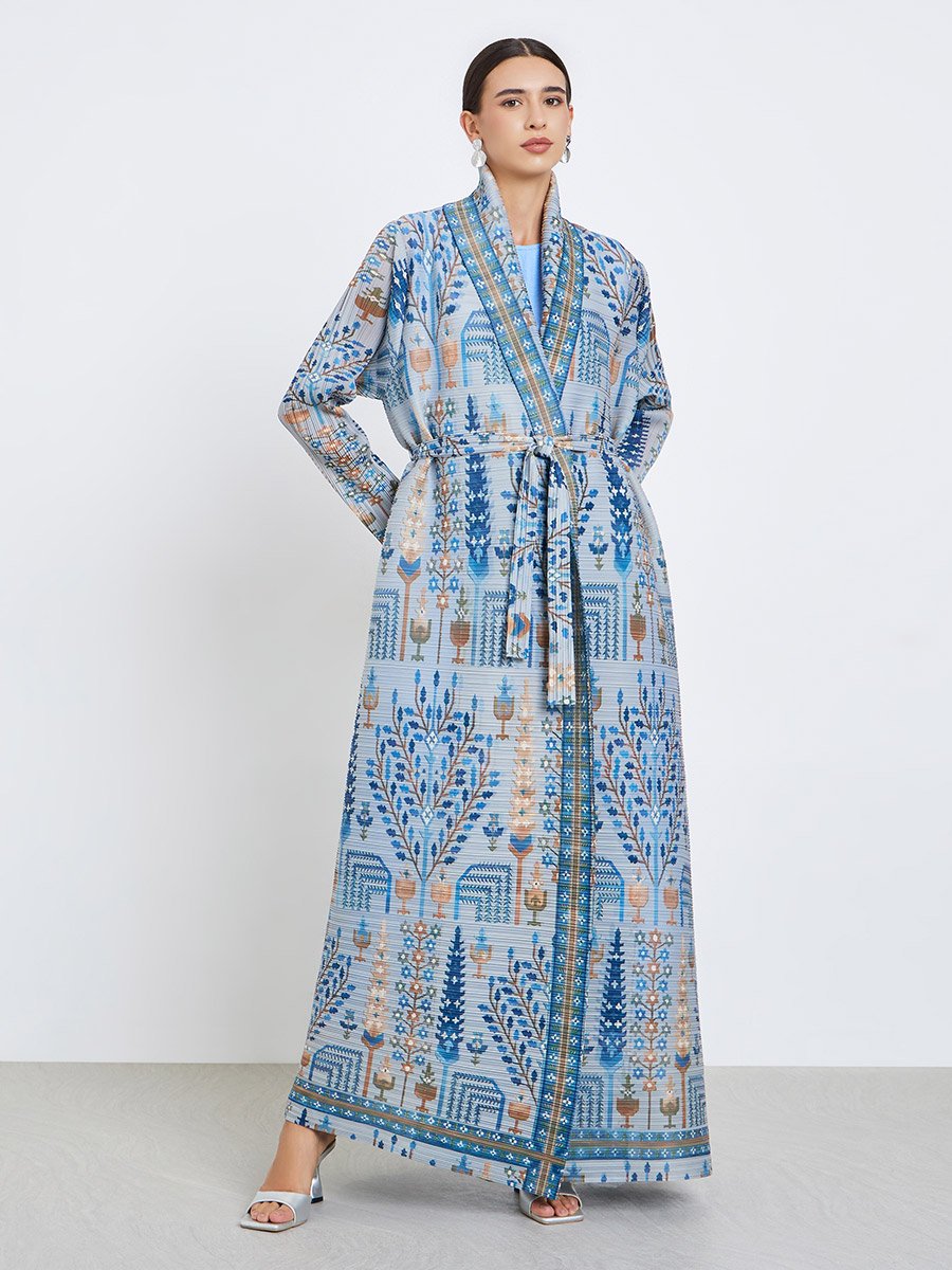 All-Over Printed Textured Pleated Long Sleeve Abaya
