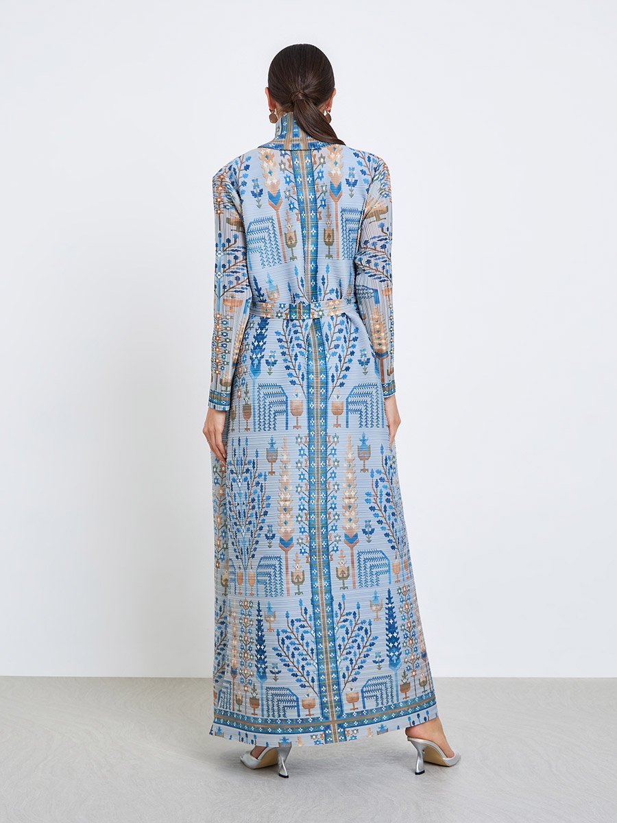 All-Over Printed Textured Pleated Long Sleeve Abaya