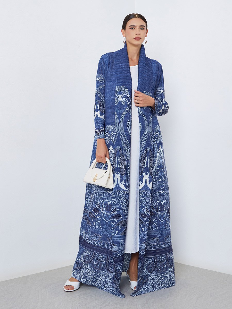 All-Over Printed Textured Pleated Long Sleeve Abaya