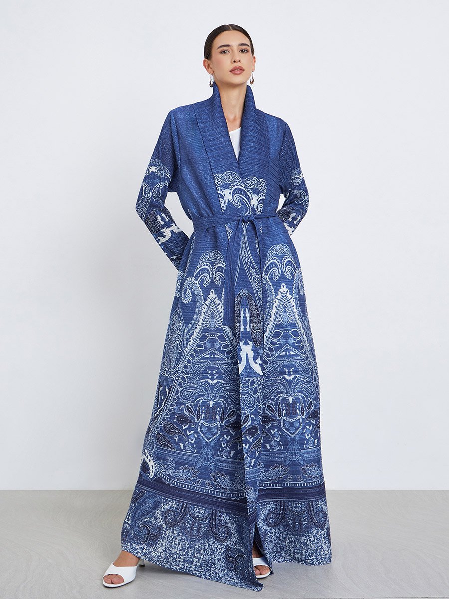All-Over Printed Textured Pleated Long Sleeve Abaya