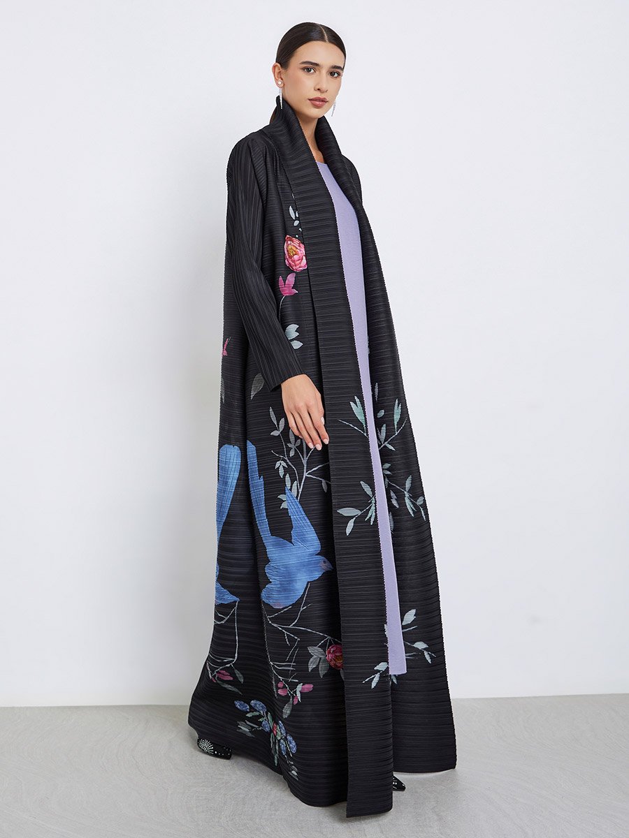 Floral Printed Textured Pleated Long Sleeve Abaya