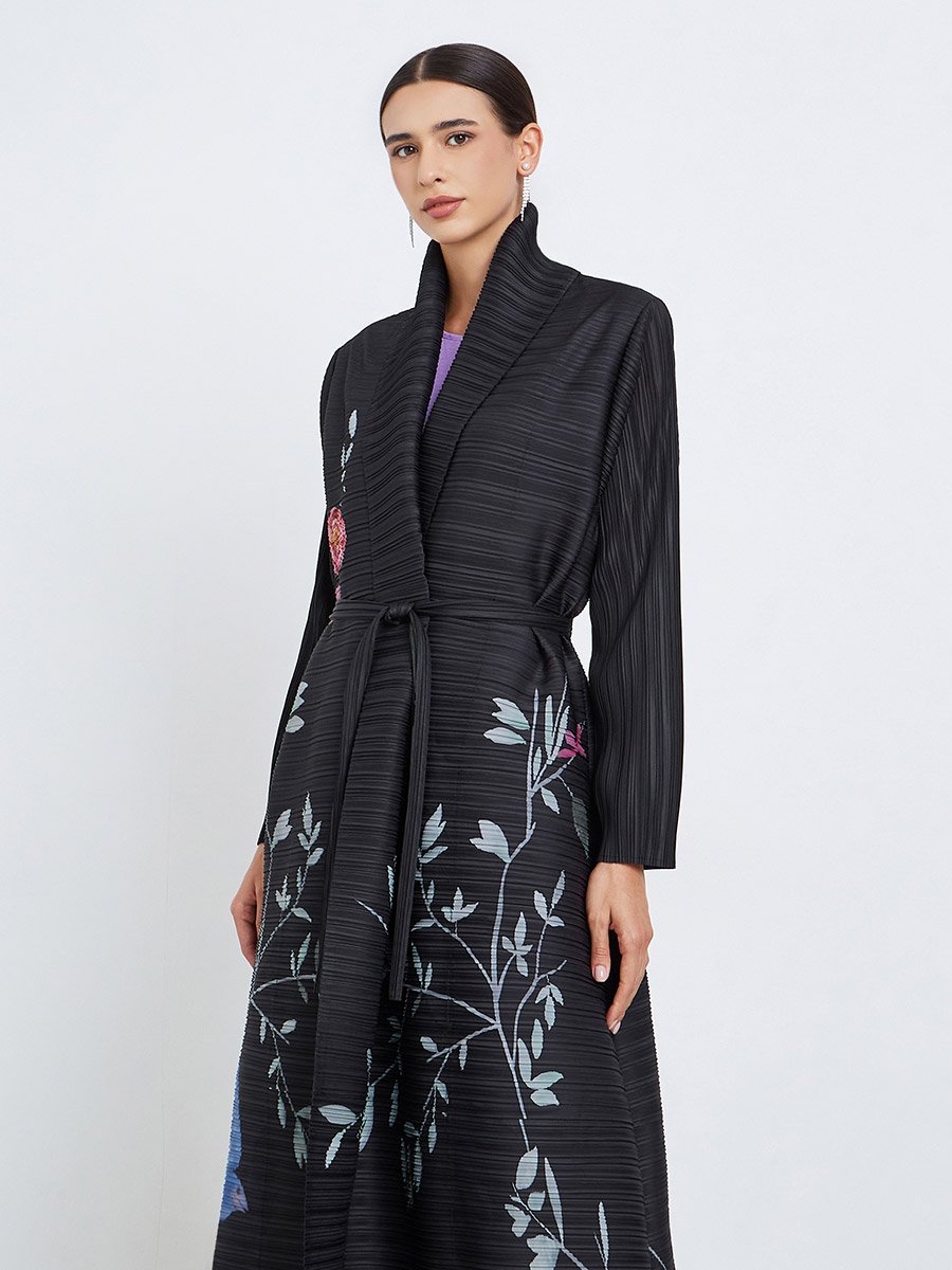Floral Printed Textured Pleated Long Sleeve Abaya