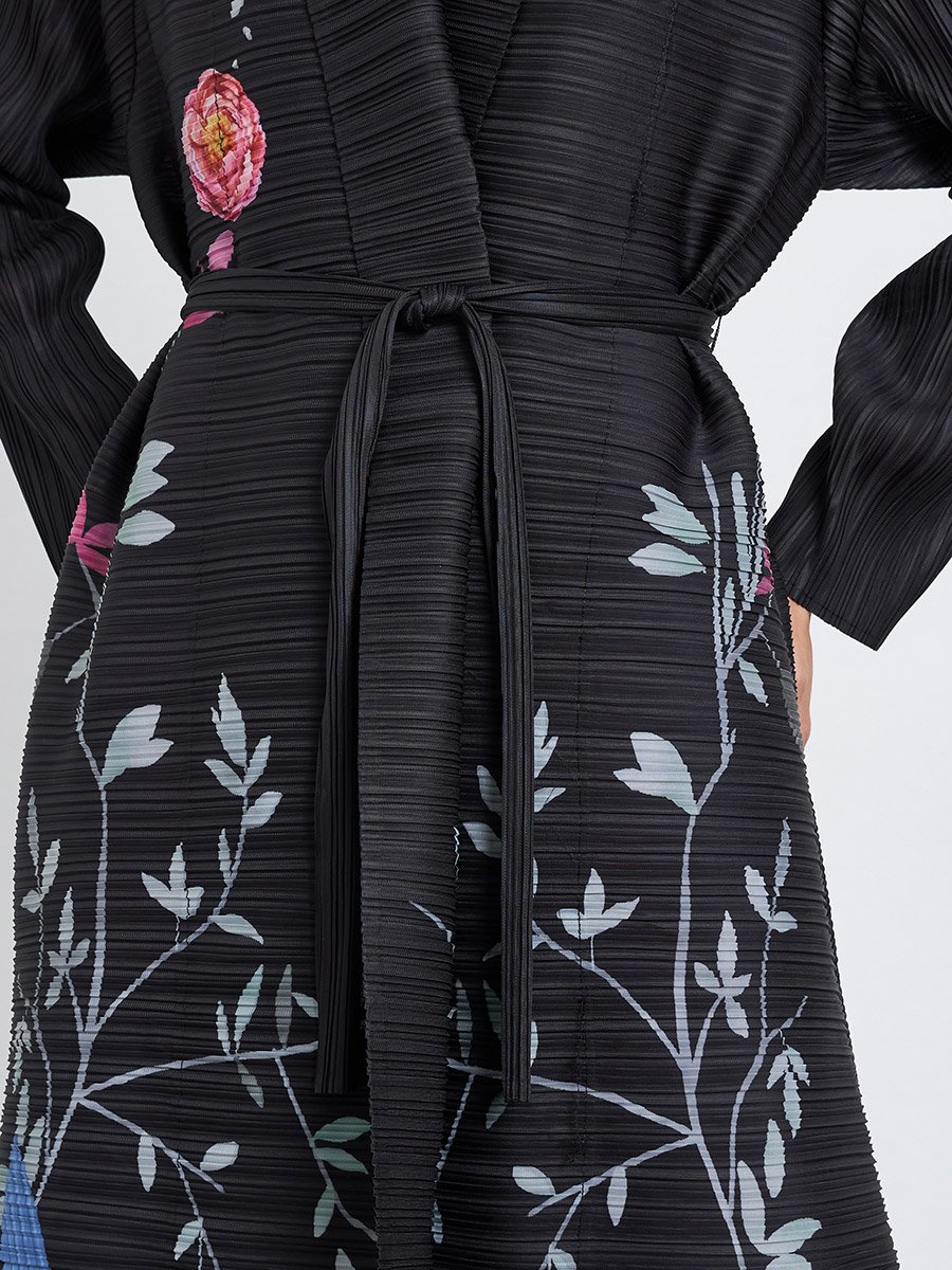 Floral Printed Textured Pleated Long Sleeve Abaya