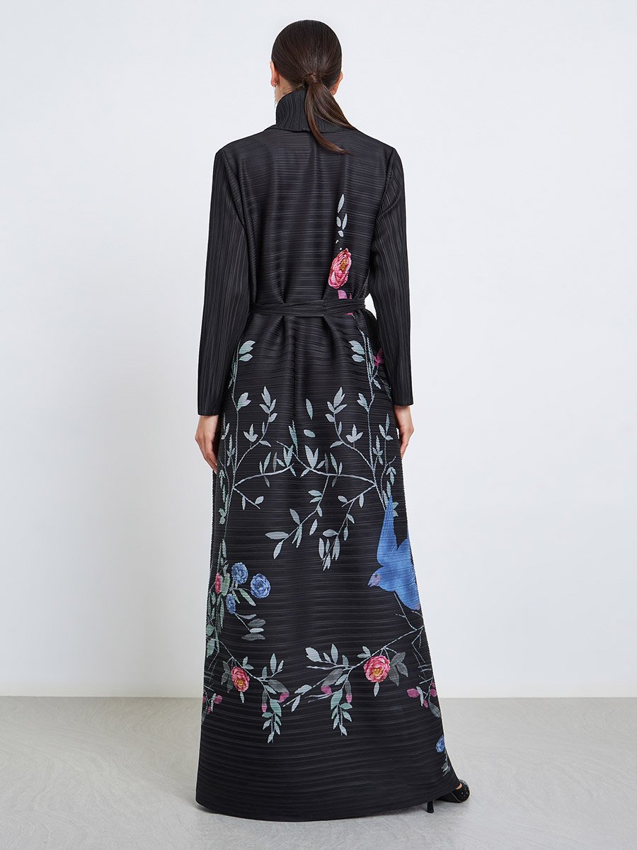 Floral Printed Textured Pleated Long Sleeve Abaya