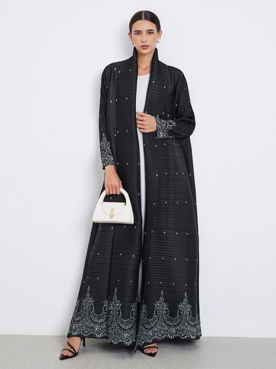 Floral Printed Textured Pleated Long Sleeve Abaya