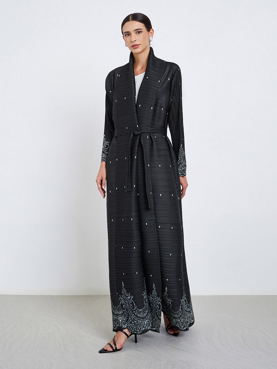 Floral Printed Textured Pleated Long Sleeve Abaya
