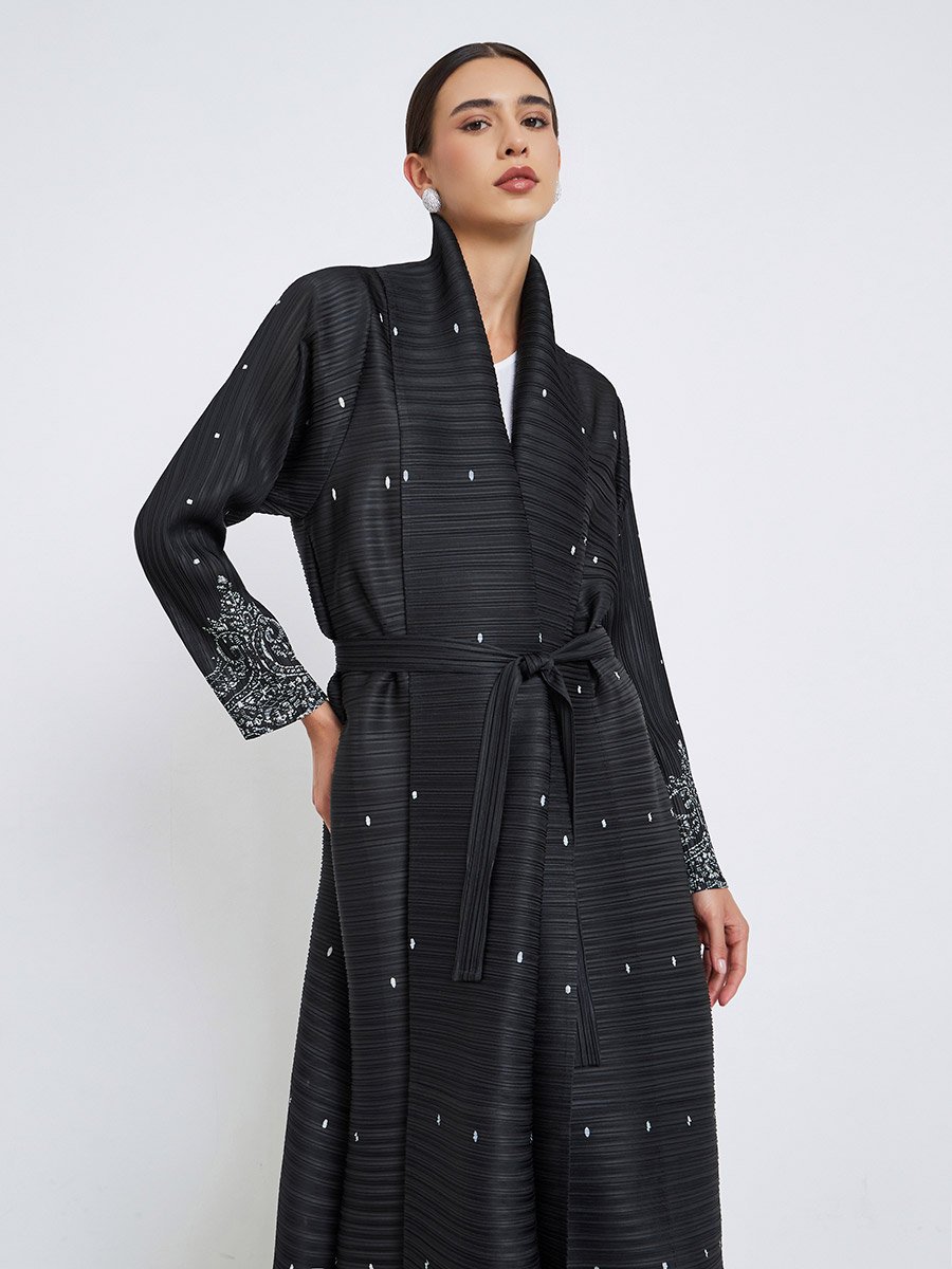 Floral Printed Textured Pleated Long Sleeve Abaya
