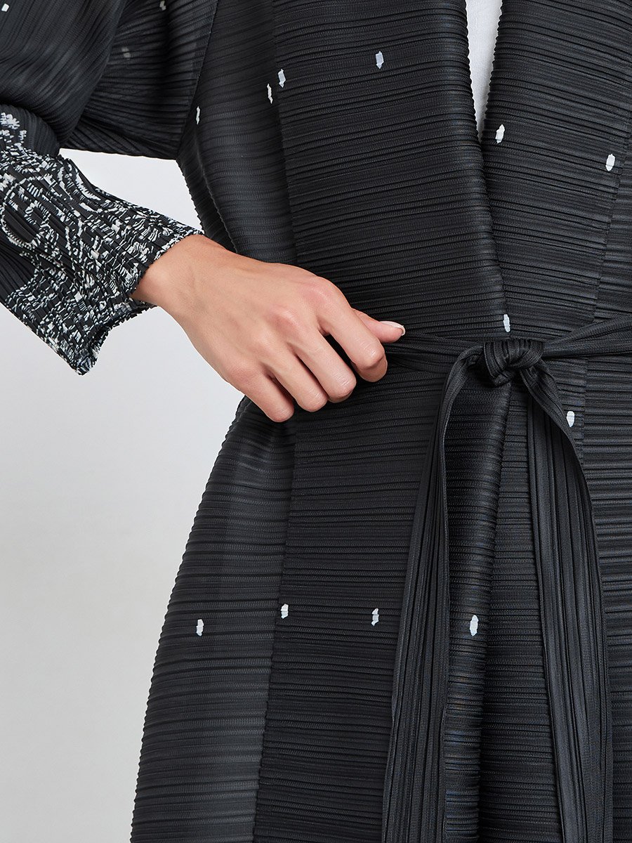 Floral Printed Textured Pleated Long Sleeve Abaya