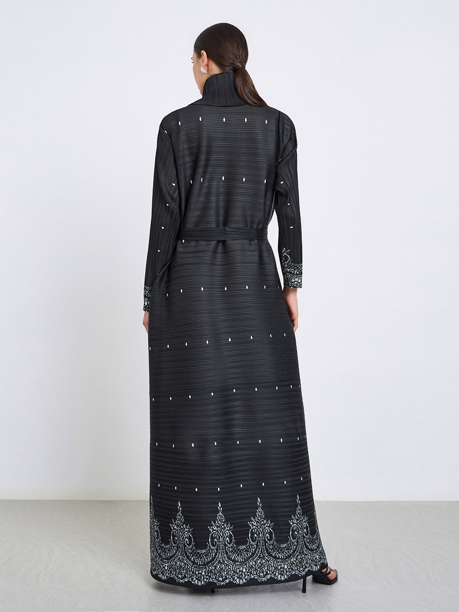 Floral Printed Textured Pleated Long Sleeve Abaya