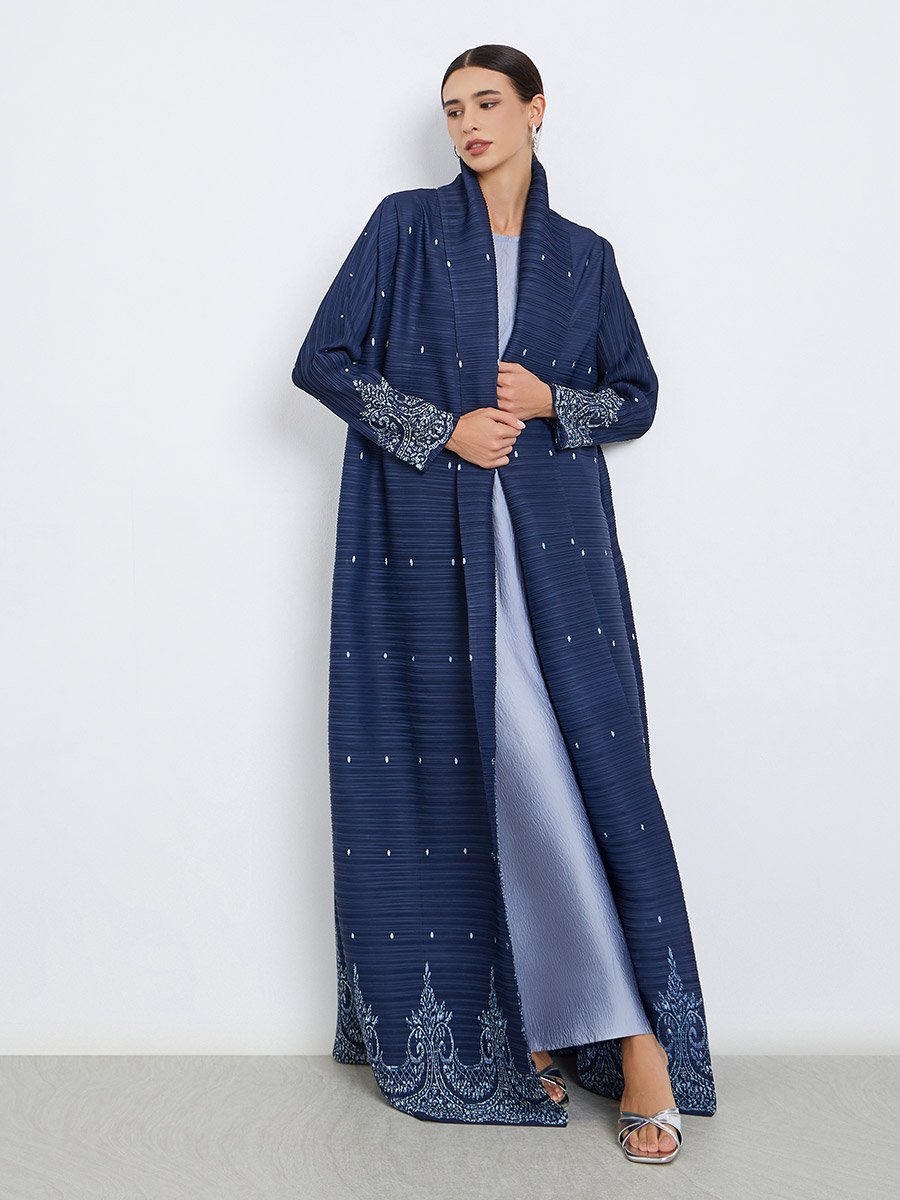 Floral Printed Textured Pleated Long Sleeve Abaya
