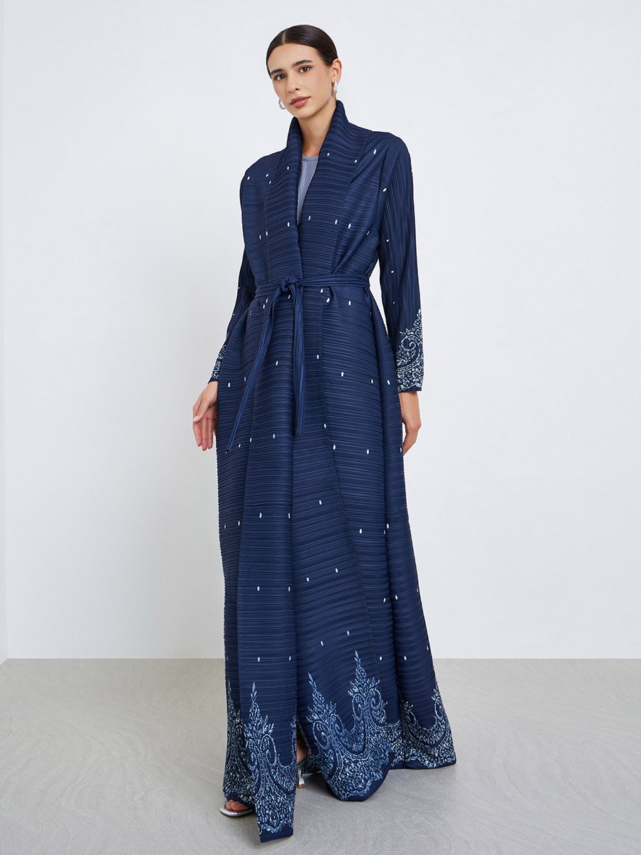 Floral Printed Textured Pleated Long Sleeve Abaya
