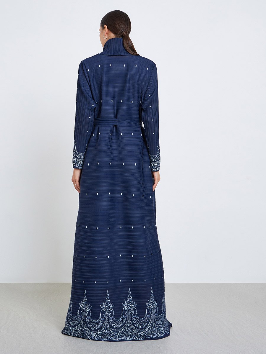 Floral Printed Textured Pleated Long Sleeve Abaya