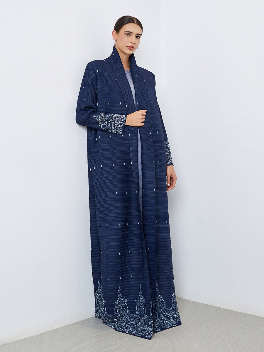 Floral Printed Textured Pleated Long Sleeve Abaya