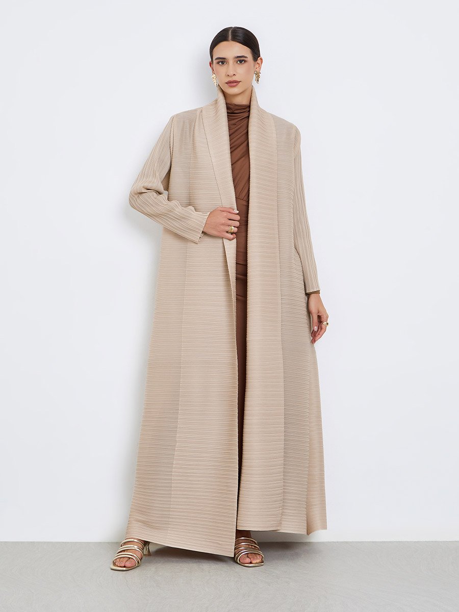 Solid Textured Pleated Long Sleeve Abaya