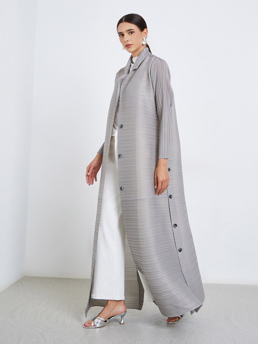 Solid Textured Pleated Belted Button Front Detail Long Sleeve Abaya
