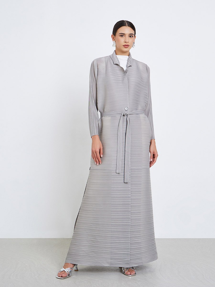 Solid Textured Pleated Belted Button Front Detail Long Sleeve Abaya