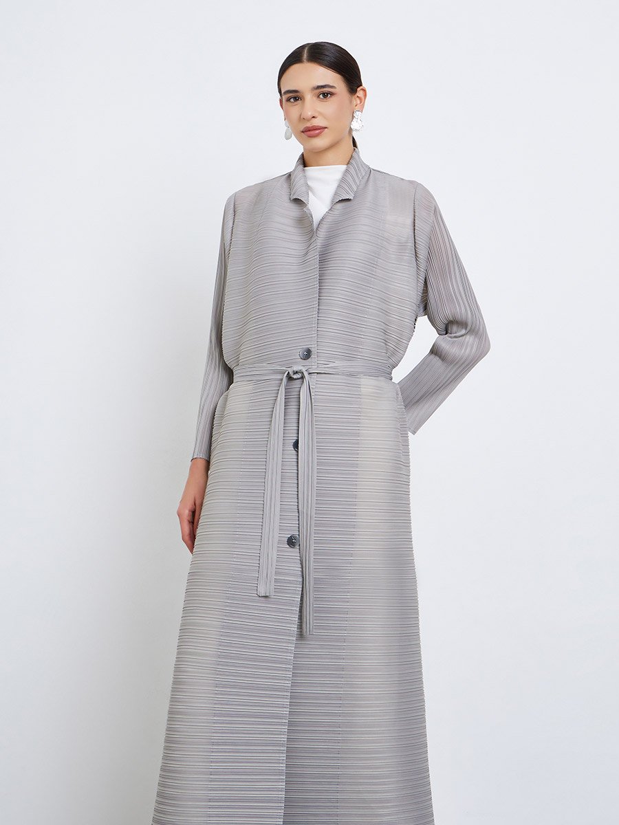 Solid Textured Pleated Belted Button Front Detail Long Sleeve Abaya