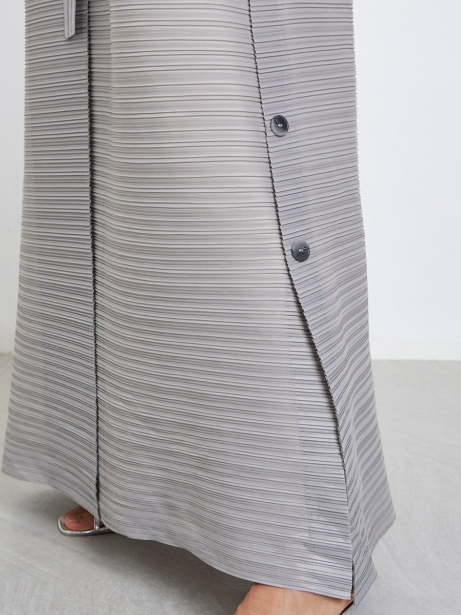 Solid Textured Pleated Belted Button Front Detail Long Sleeve Abaya