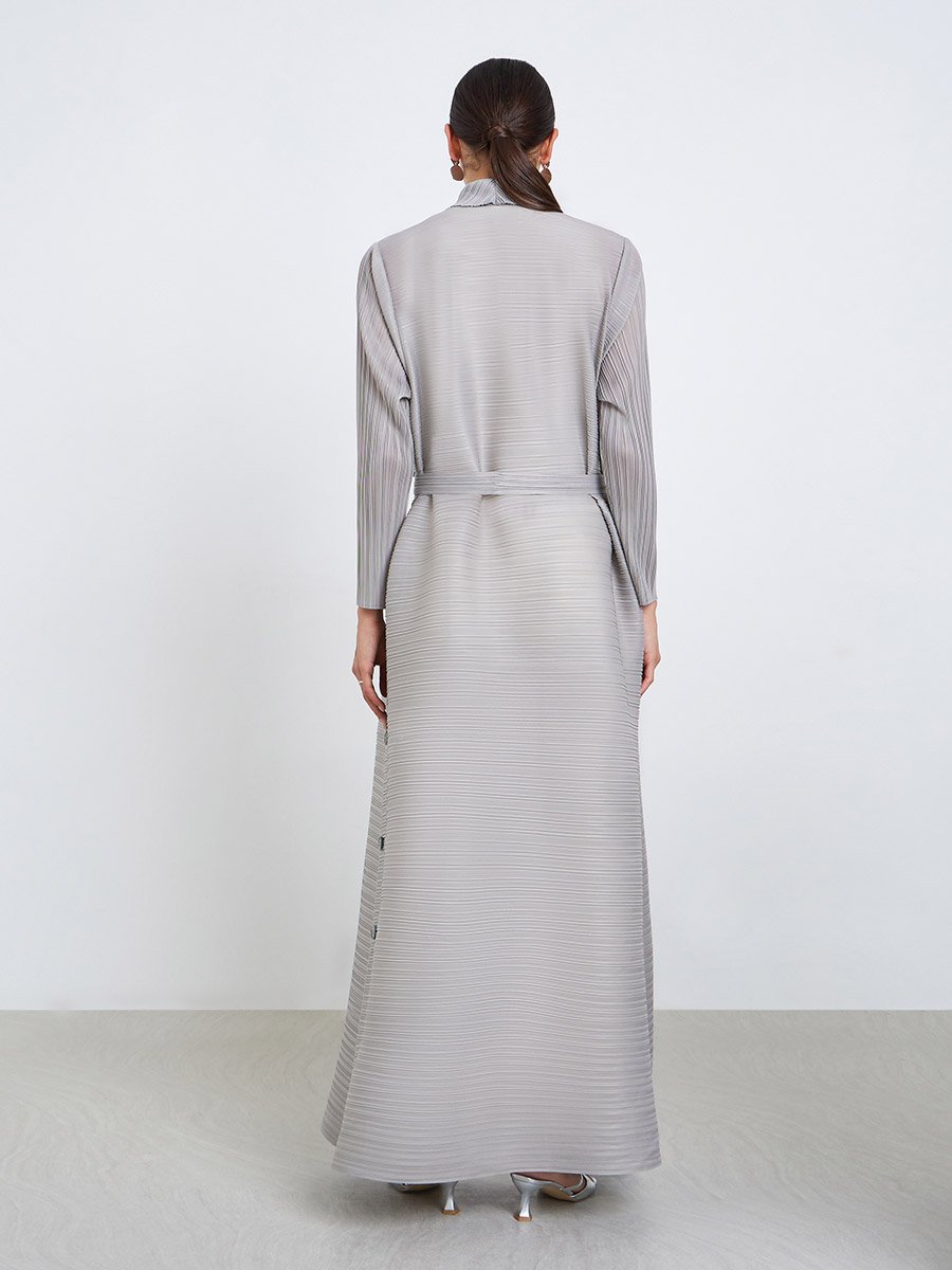 Solid Textured Pleated Belted Button Front Detail Long Sleeve Abaya
