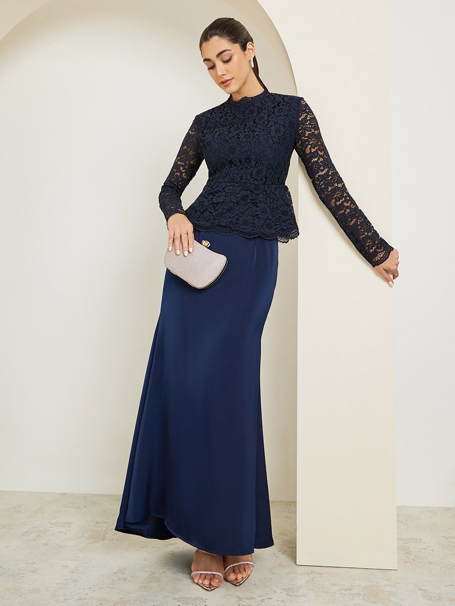 Women Lace Top and Satin Maxi Skirt Co-ords