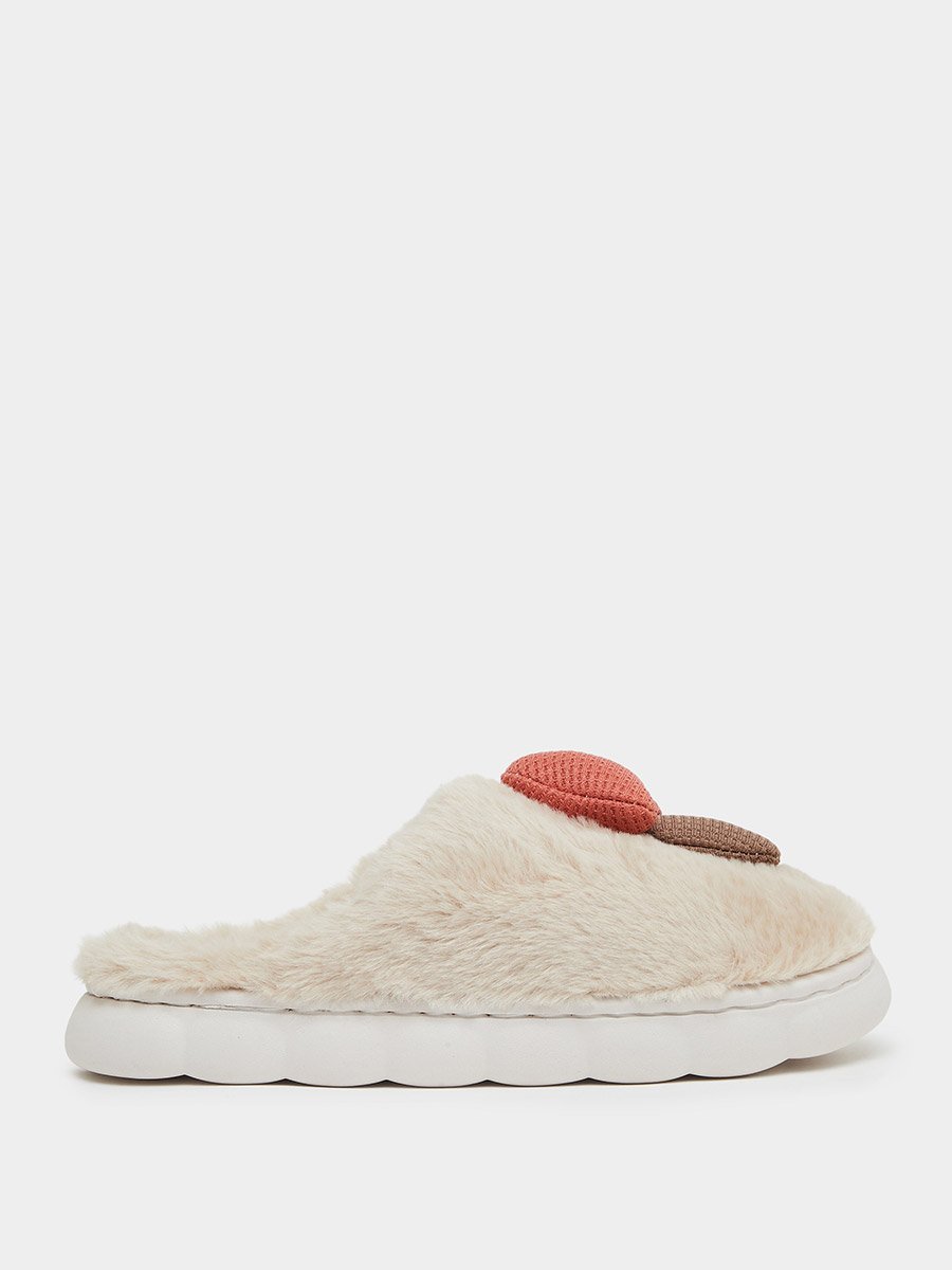 Beige Furry Bedroom Slippers
