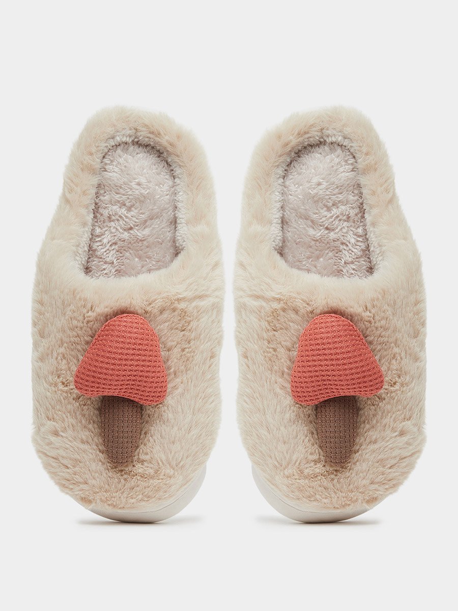 Beige Furry Bedroom Slippers