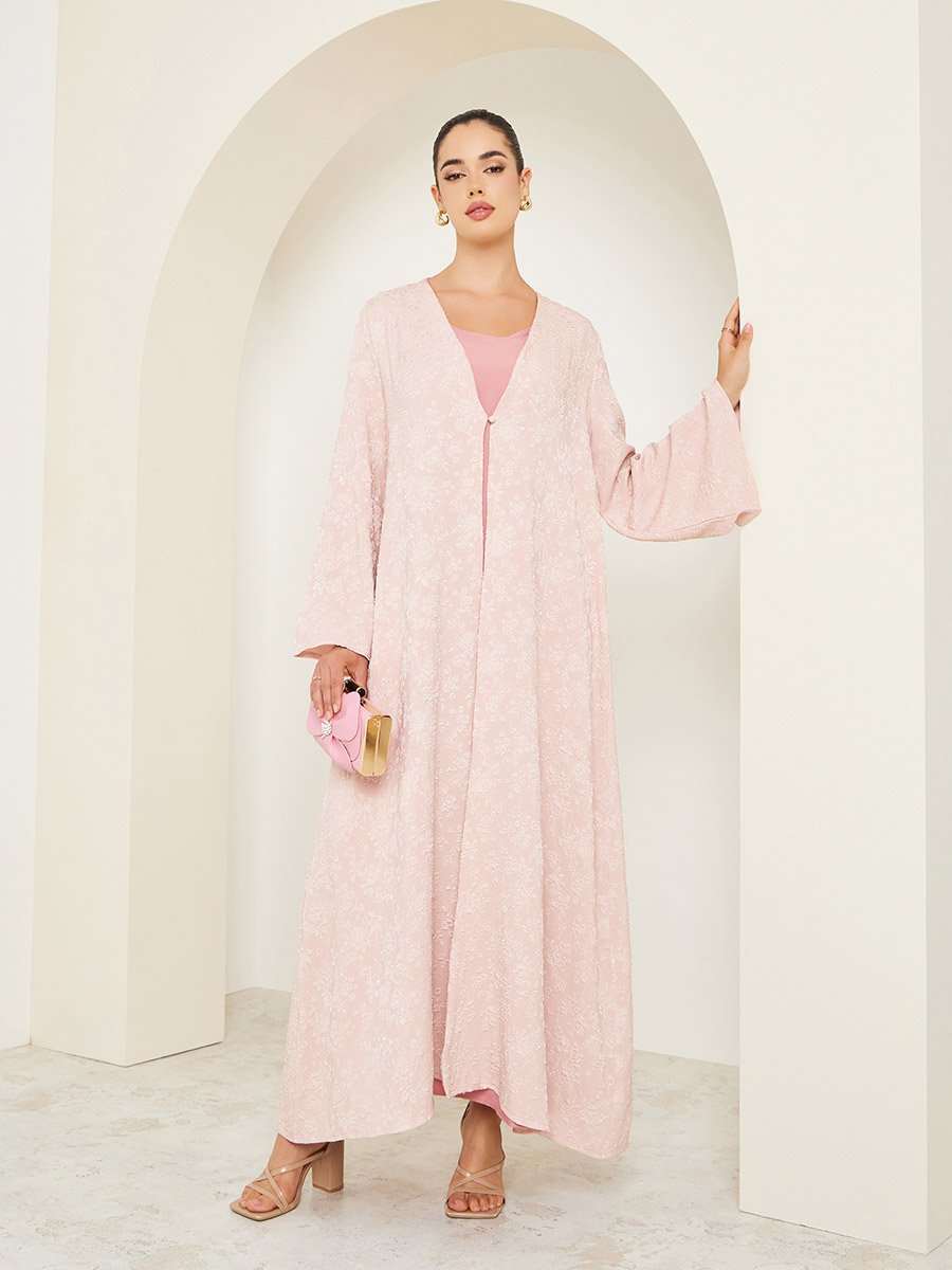 Women Pink Jacquard Open Front Abaya