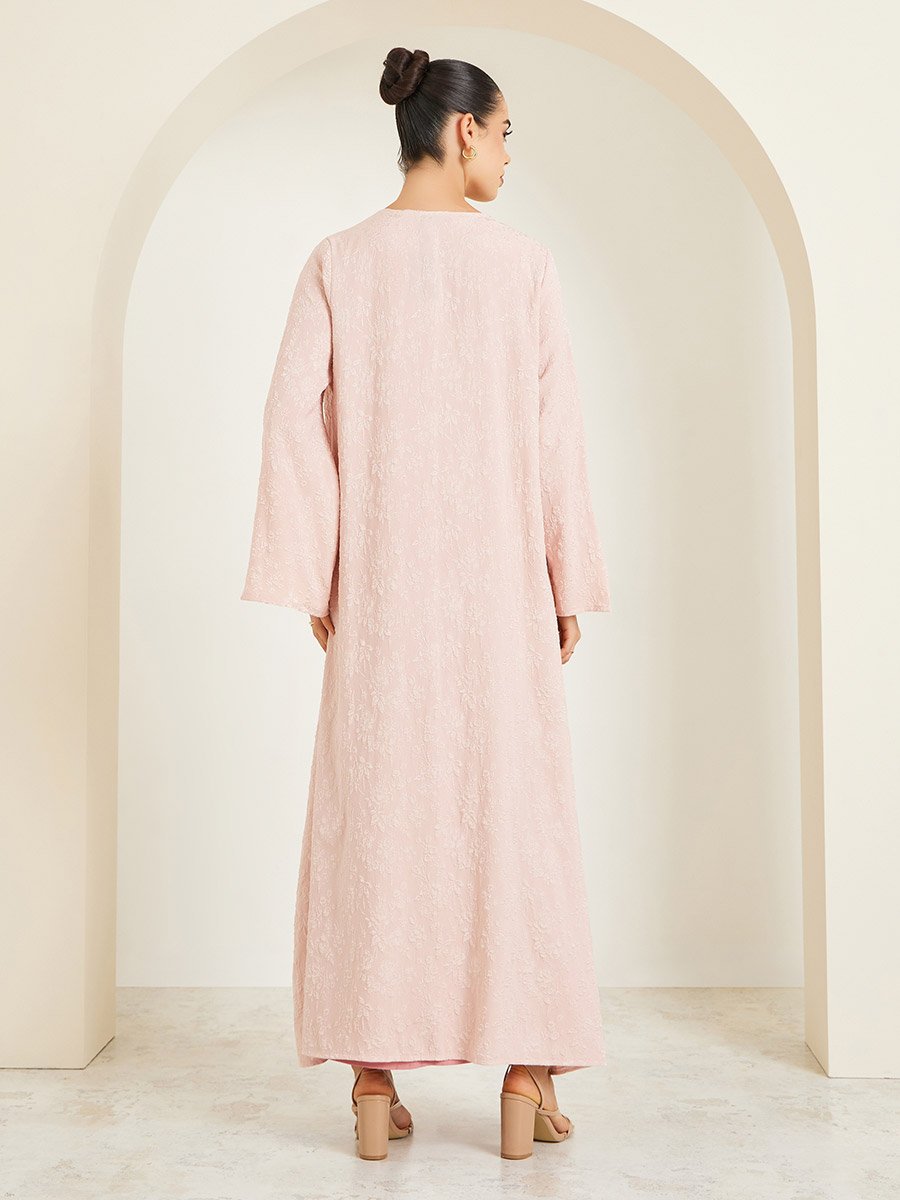 Women Pink Jacquard Open Front Abaya