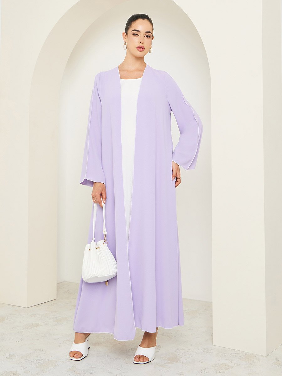 Women Lilac Front Open Abaya with Contrast Piping