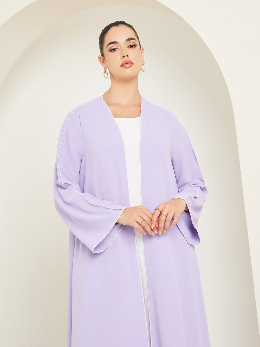 Women Lilac Front Open Abaya with Contrast Piping