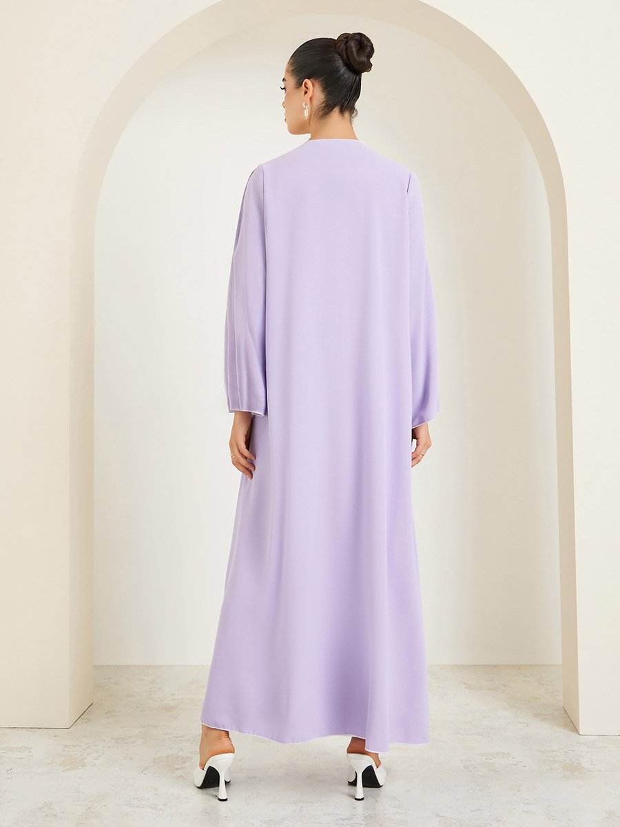 Women Lilac Front Open Abaya with Contrast Piping