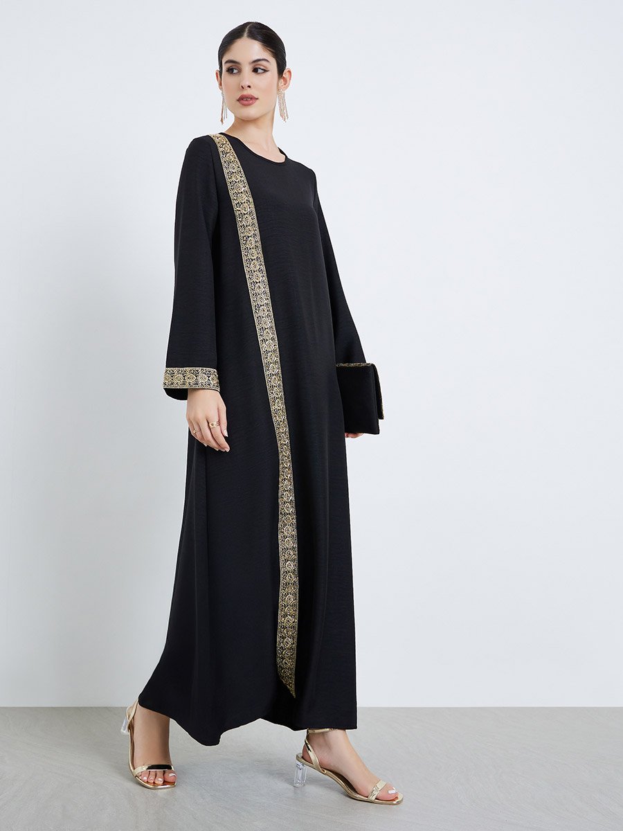 Women Black Gold Embroidered Maxi Jalabiya
