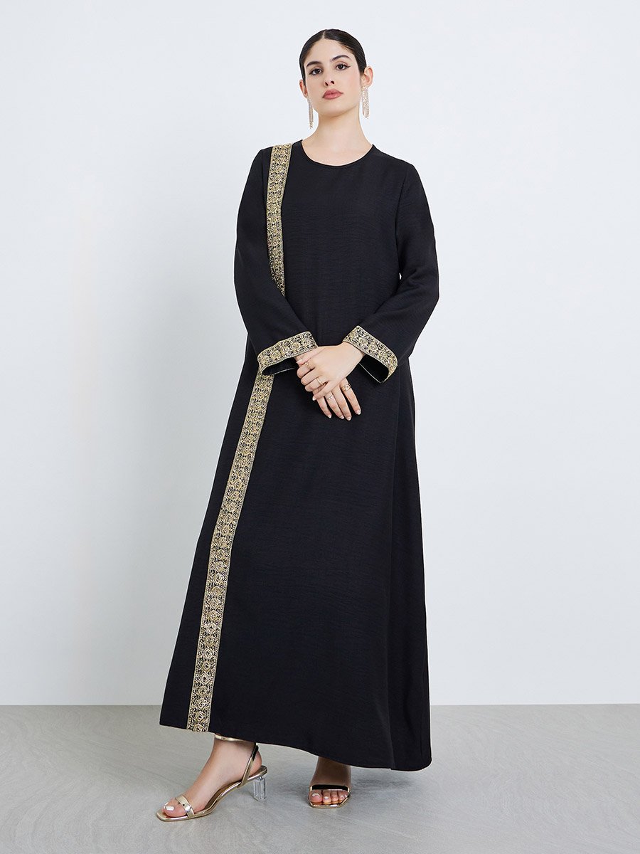 Women Black Gold Embroidered Maxi Jalabiya