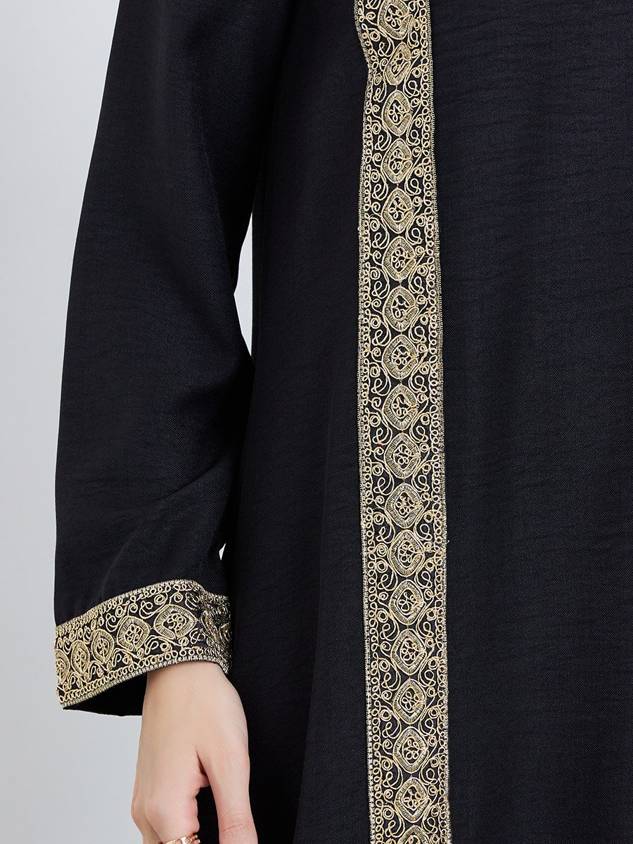Women Black Gold Embroidered Maxi Jalabiya